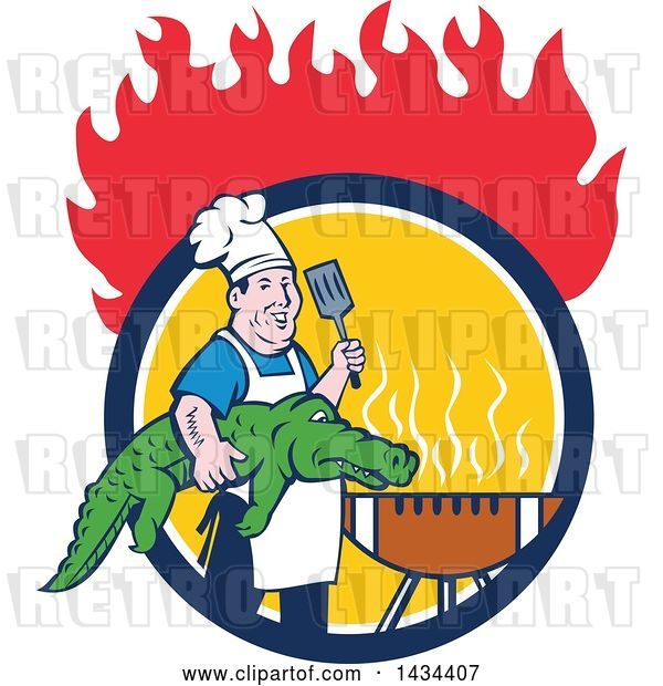 Vector Clip Art of Retro Male Chef Carrying an Alligator and Spatula to a Football Grill in a Circle Under Flames