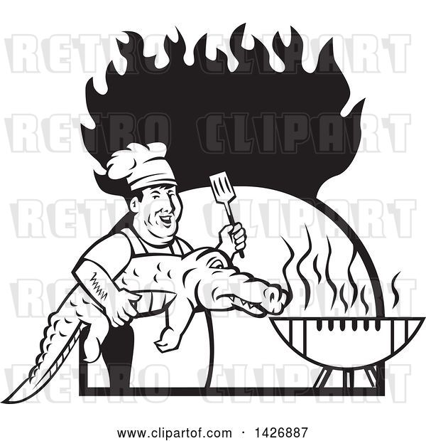 Vector Clip Art of Retro Male Chef Carrying and Alligator to a Football Shaped Bbq Grill Under Flames