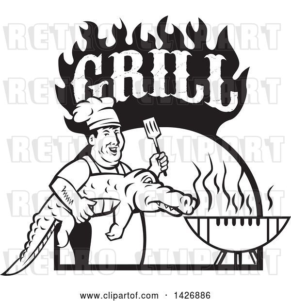 Vector Clip Art of Retro Male Chef Carrying and Alligator to a Football Shaped Bbq Under Grill Text Flames