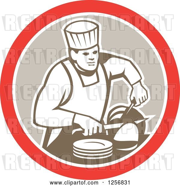 Vector Clip Art of Retro Male Chef Carving Meat in a Red White and Tan Circle
