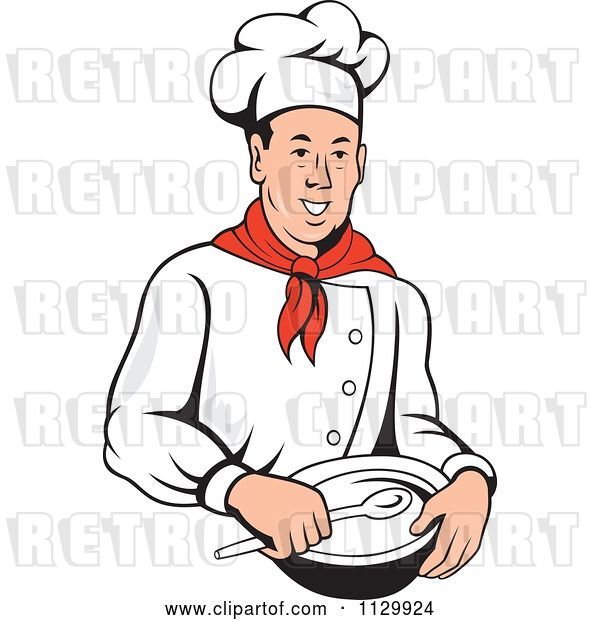 Vector Clip Art of Retro Male Chef Holding a Bowl and Spoon