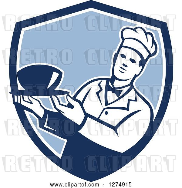 Vector Clip Art of Retro Male Chef Holding a Bowl of Soup in a Blue and White Shield
