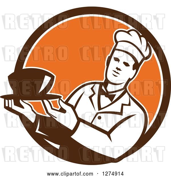 Vector Clip Art of Retro Male Chef Holding a Bowl of Soup in a Brown White and Orange Circle