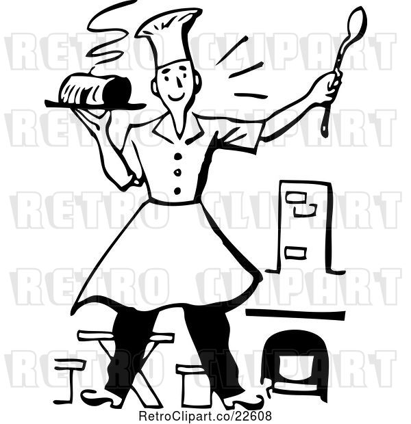 Vector Clip Art of Retro Male Chef Holding a Hot Meal