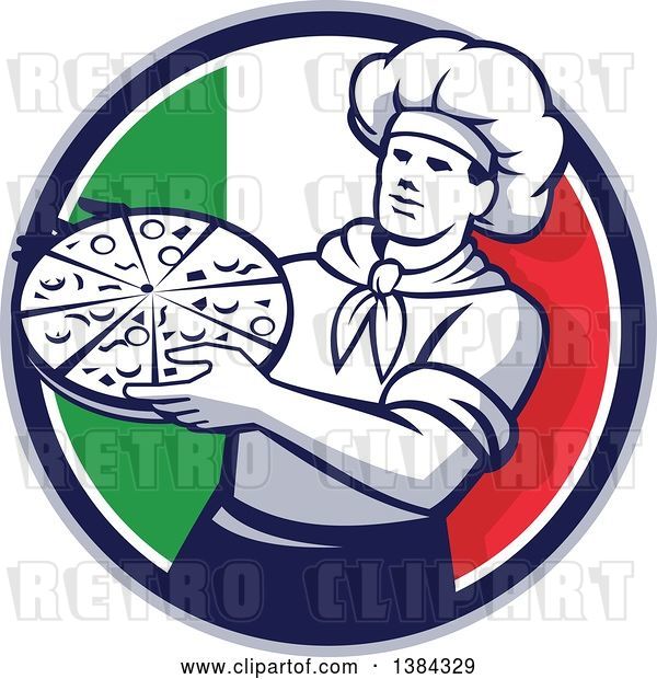 Vector Clip Art of Retro Male Chef Holding a Pizza Pie in an Italian Flag Circle