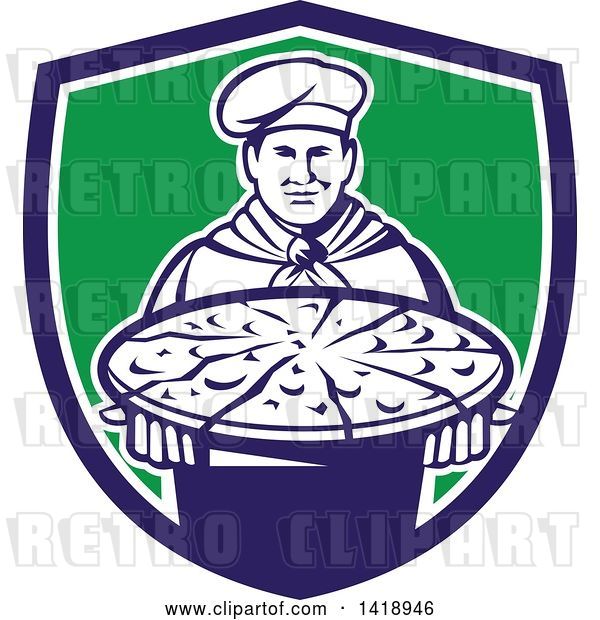 Vector Clip Art of Retro Male Chef Holding a Pizza Pie on a Blue White and Green Shield