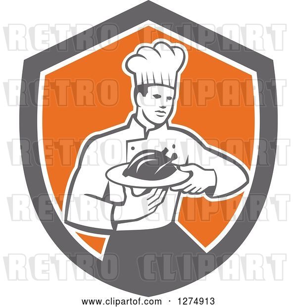 Vector Clip Art of Retro Male Chef Holding a Roasted Chicken on a Plate in a Shield