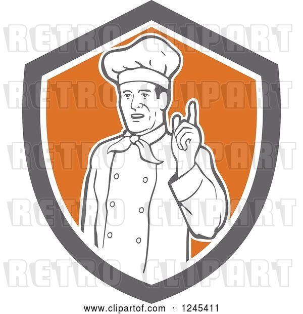 Vector Clip Art of Retro Male Chef Holding up a Finger in a Shield