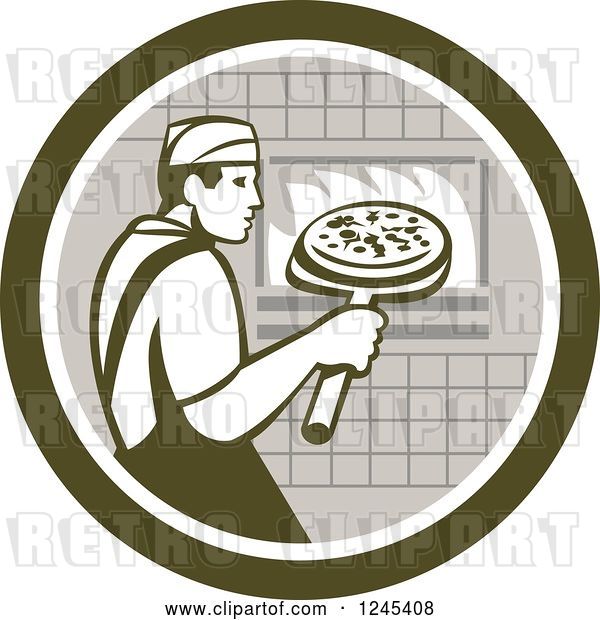 Vector Clip Art of Retro Male Chef Inserting a Pizza and Peel in a Brick Oven