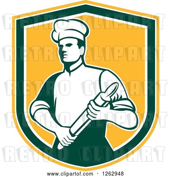 Vector Clip Art of Retro Male Chef or Baker Holding a Rolling Pin in a Yellow White and Green Shield