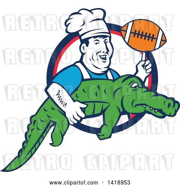 Vector Clip Art of Retro Male Chef Twirling a Football on His Finger and Carrying an Alligator