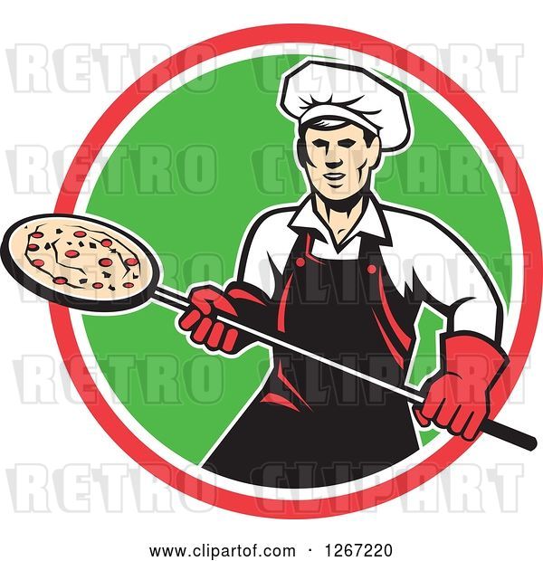 Vector Clip Art of Retro Male Chef with a Pizza on a Peel in a Red White and Green Circle