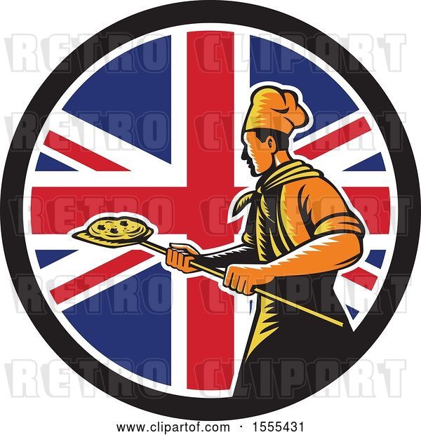 Vector Clip Art of Retro Male Chef with a Pizza on a Peel in a Union Jack Flag Circle