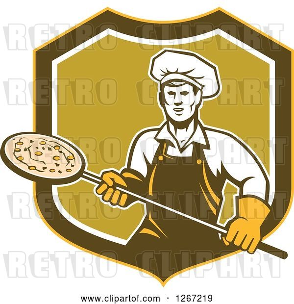 Vector Clip Art of Retro Male Chef with a Pizza on a Peel in a Yellow Brown White and Green Shield