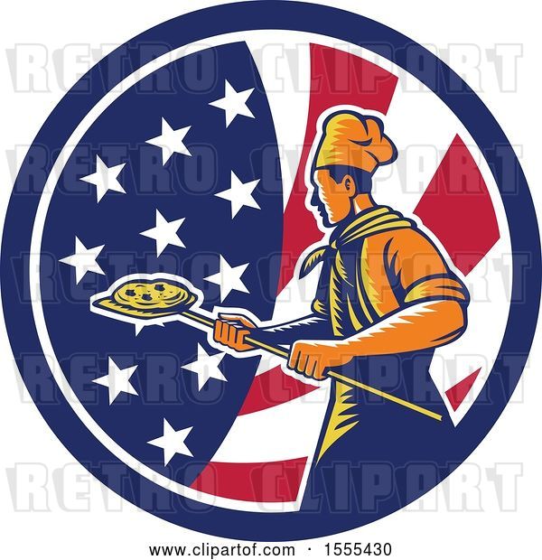 Vector Clip Art of Retro Male Chef with a Pizza on a Peel in an American Flag Circle