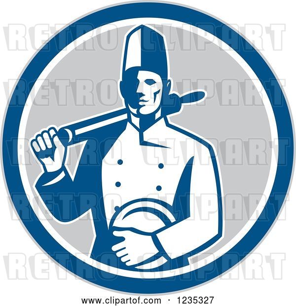 Vector Clip Art of Retro Male Chef with a Plate and Rolling Pin in a Gray White and Blue Circle