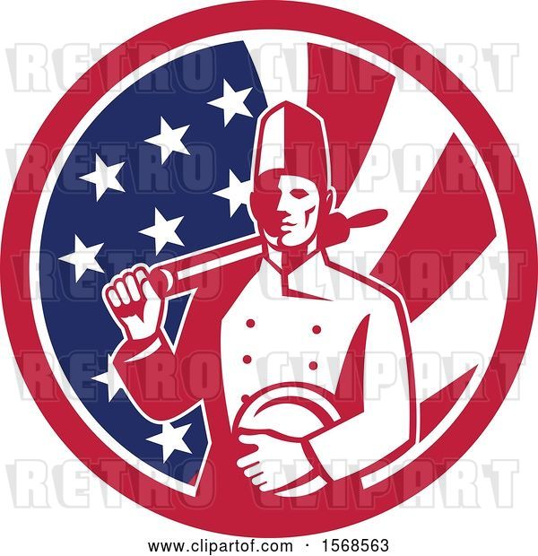 Vector Clip Art of Retro Male Chef with a Plate and Rolling Pin in an American Flag Circle