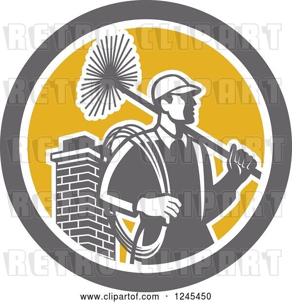 Vector Clip Art of Retro Male Chimney Sweep and Brick Chimney in a Circle