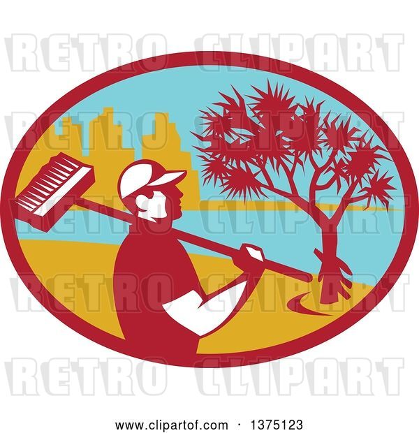 Vector Clip Art of Retro Male Cleaner Holding a Broom over His Shoulder, Inside an Oval with a Pandanus Tree and Coast