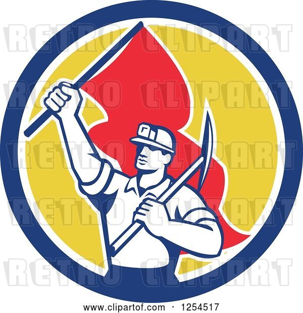 Vector Clip Art of Retro Male Coal Miner Holding a Pickaxe and Red Flag in a Circle