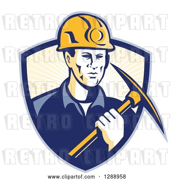 Vector Clip Art of Retro Male Coal Miner Holding a Pickaxe in a Blue and Pastel Yellow Sunshine Shield