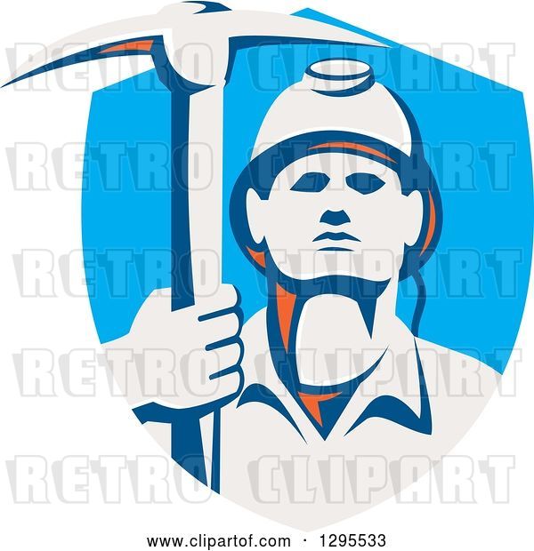 Vector Clip Art of Retro Male Coal Miner Holding a Pickaxe in a Blue Shield