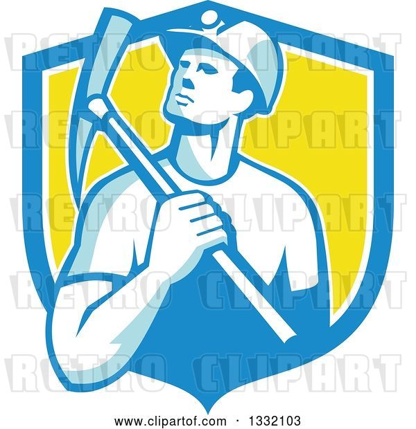 Vector Clip Art of Retro Male Coal Miner Holding a Pickaxe in a Blue White and Yellow Shield