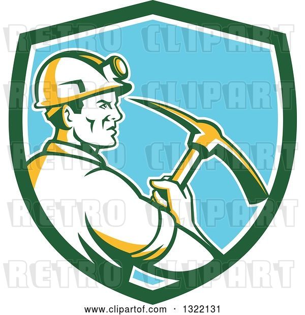 Vector Clip Art of Retro Male Coal Miner Holding a Pickaxe in a Green White and Blue Shield