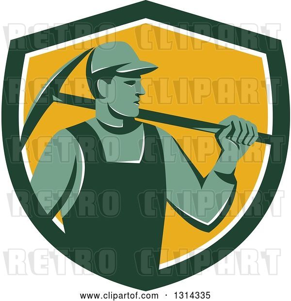 Vector Clip Art of Retro Male Coal Miner Holding a Pickaxe in a Green White and Yellow Shield