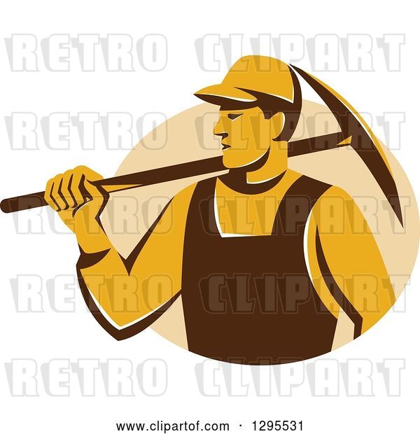 Vector Clip Art of Retro Male Coal Miner Holding a Pickaxe in a Tan Circle