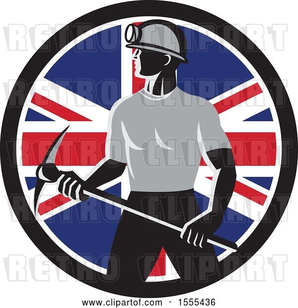 Vector Clip Art of Retro Male Coal Miner Holding a Pickaxe in a Union Jack Flag Circle