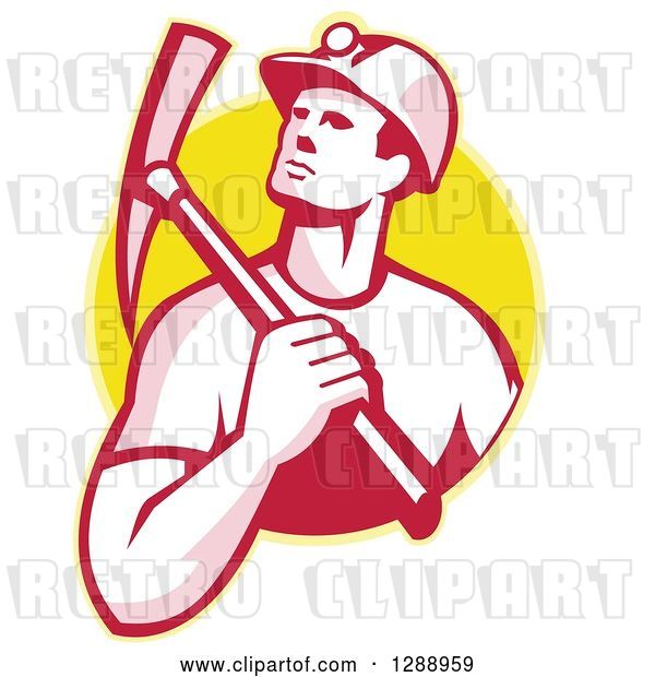 Vector Clip Art of Retro Male Coal Miner Holding a Pickaxe over His Shoulder in a Yellow Circle