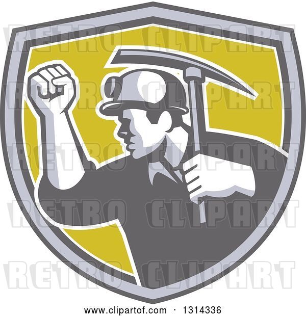 Vector Clip Art of Retro Male Coal Miner Holding up a Fist and a Pickaxe in a Gray White and Green Shield
