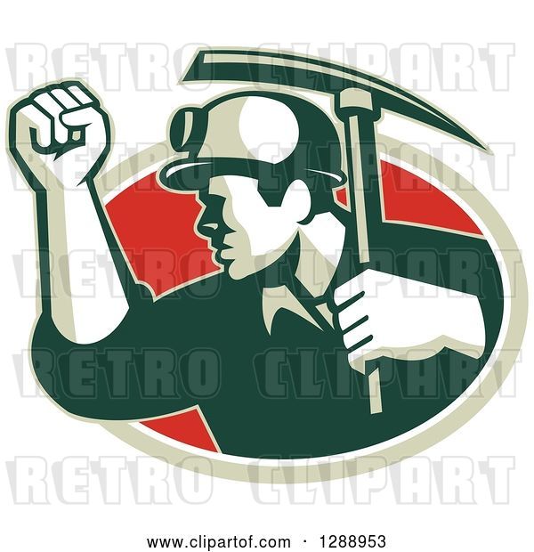 Vector Clip Art of Retro Male Coal Miner Holding up a Fist and a Pickaxe in a Green White and Red Oval