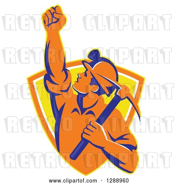 Vector Clip Art of Retro Male Coal Miner Holding up a Fist and a Pickaxe in a Yellow and Orange Shield