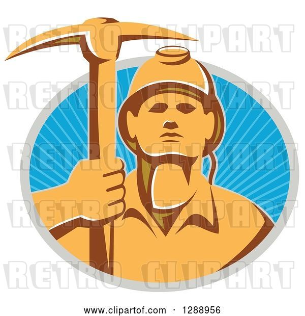 Vector Clip Art of Retro Male Coal Miner Holding up a Pickaxe in a Gray and Blue Circle of Sunshine