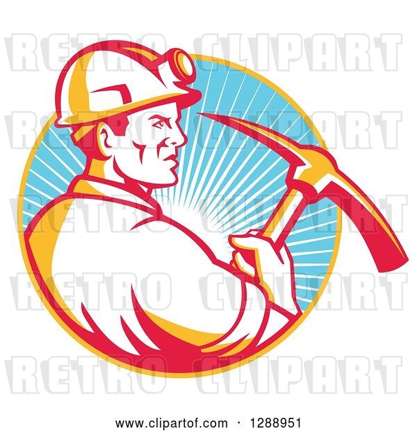 Vector Clip Art of Retro Male Coal Miner in Profile, Holding a Pickaxe in a Yellow and Blue Circle of Sunshine