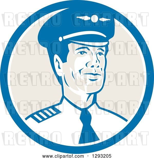 Vector Clip Art of Retro Male Commercial Aircraft Pilot in a Blue White and Tan Circle