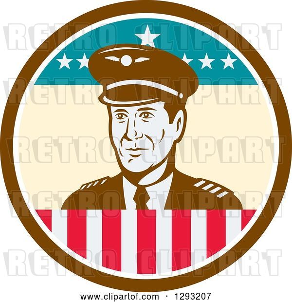 Vector Clip Art of Retro Male Commercial Aircraft Pilot in a Brown White and American Themed Circle