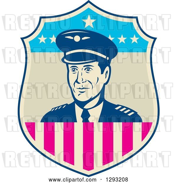 Vector Clip Art of Retro Male Commercial Aircraft Pilot in an American Themed Shield