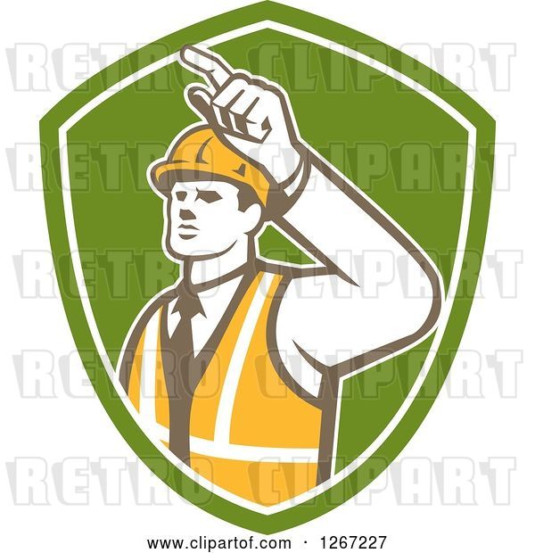 Vector Clip Art of Retro Male Construction Builder Foreman Pointing in a Green and White Shield