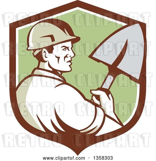 Vector Clip Art of Retro Male Construction Worker Builder Holding a Shovel in a Brown White and Green Shield