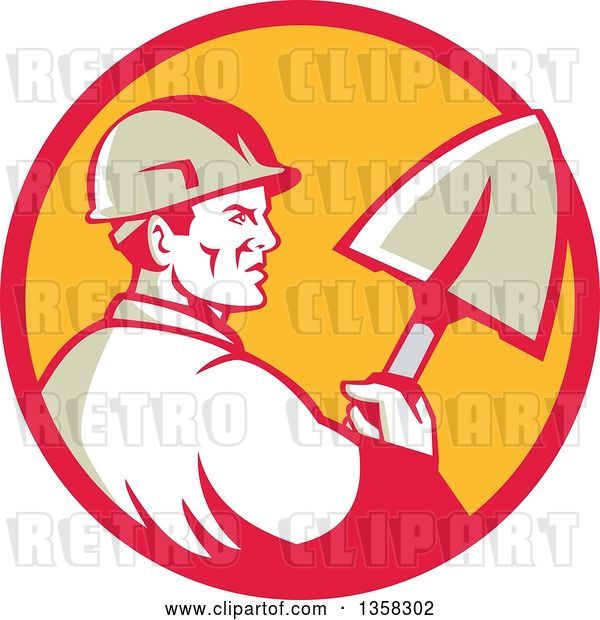 Vector Clip Art of Retro Male Construction Worker Builder Holding a Shovel in a Red and Yellow Circle