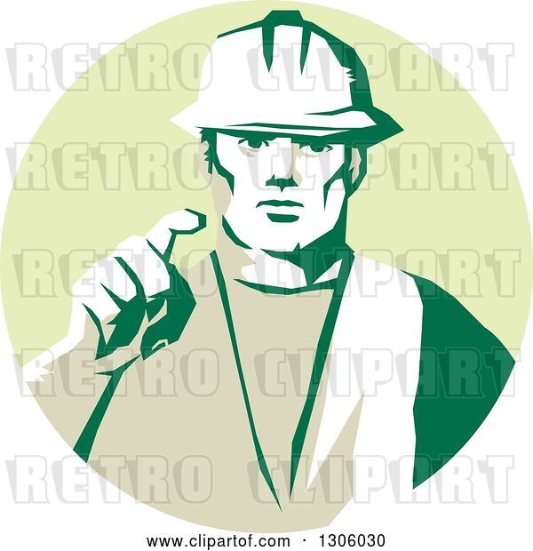 Vector Clip Art of Retro Male Construction Worker Builder Pointing Outwards in a Pastel Green Circle