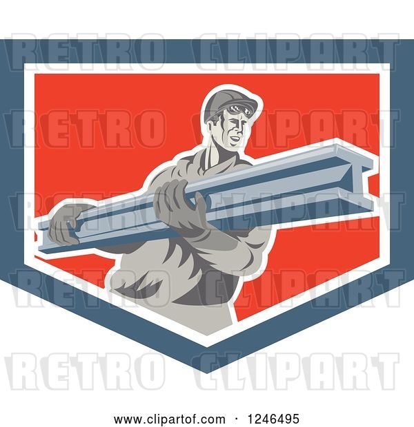Vector Clip Art of Retro Male Construction Worker Carrying a Beam in a Shield