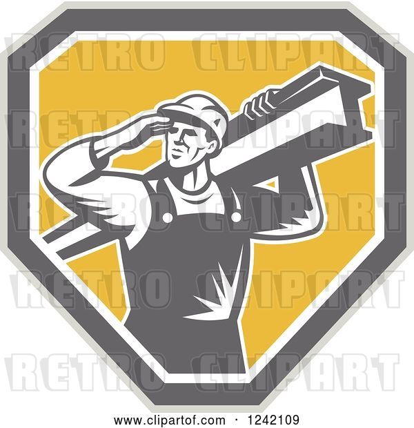 Vector Clip Art of Retro Male Construction Worker Carrying a Beam over a Shield