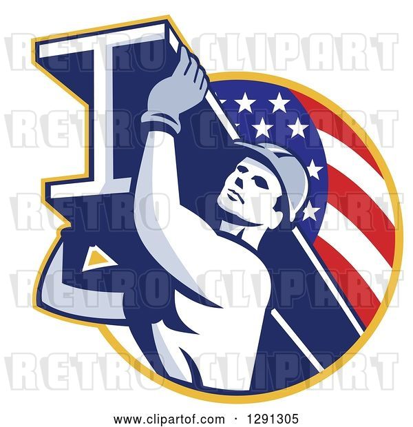 Vector Clip Art of Retro Male Construction Worker Carrying an I Beam and Emerging from an American Flag Circle
