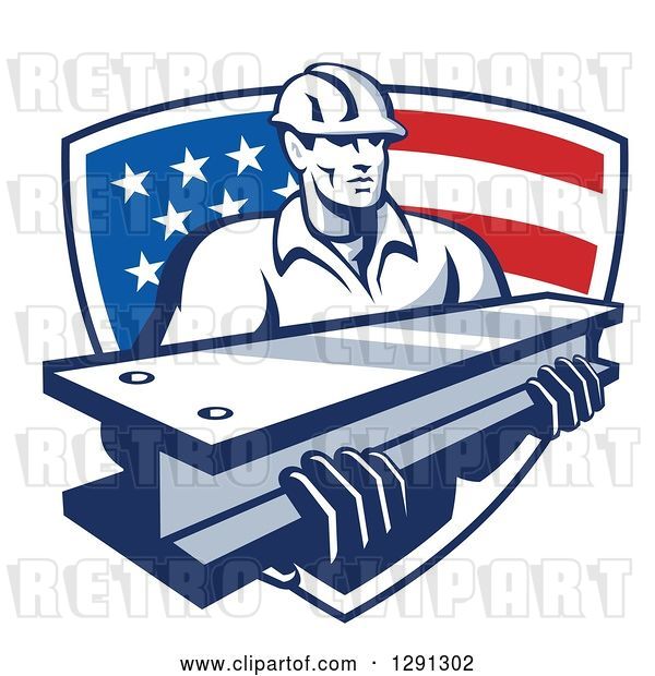 Vector Clip Art of Retro Male Construction Worker Carrying an I Beam and Emerging from an American Flag Shield