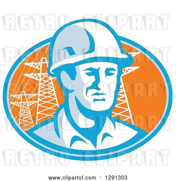Vector Clip Art of Retro Male Construction Worker Emerging from an Orange and Blue Oval with Pylons