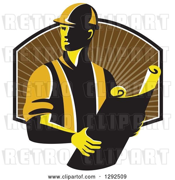 Vector Clip Art of Retro Male Construction Worker Foreman Holding Plans over a Shield of Brown Rays